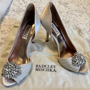 Badgley Mischka Cream Peep-Toe Heels with Crystal Embellishments